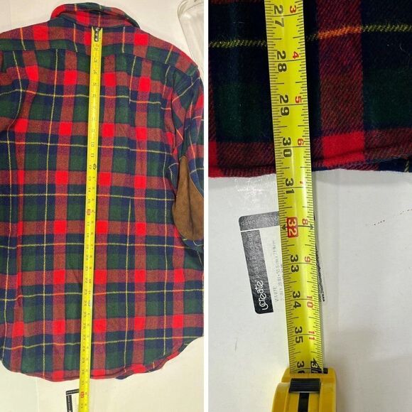 Vintage Chaps Ralph Lauren Mens Large Plaid Wool Shirt Elbow Patches Leather - Picture 3 of 15